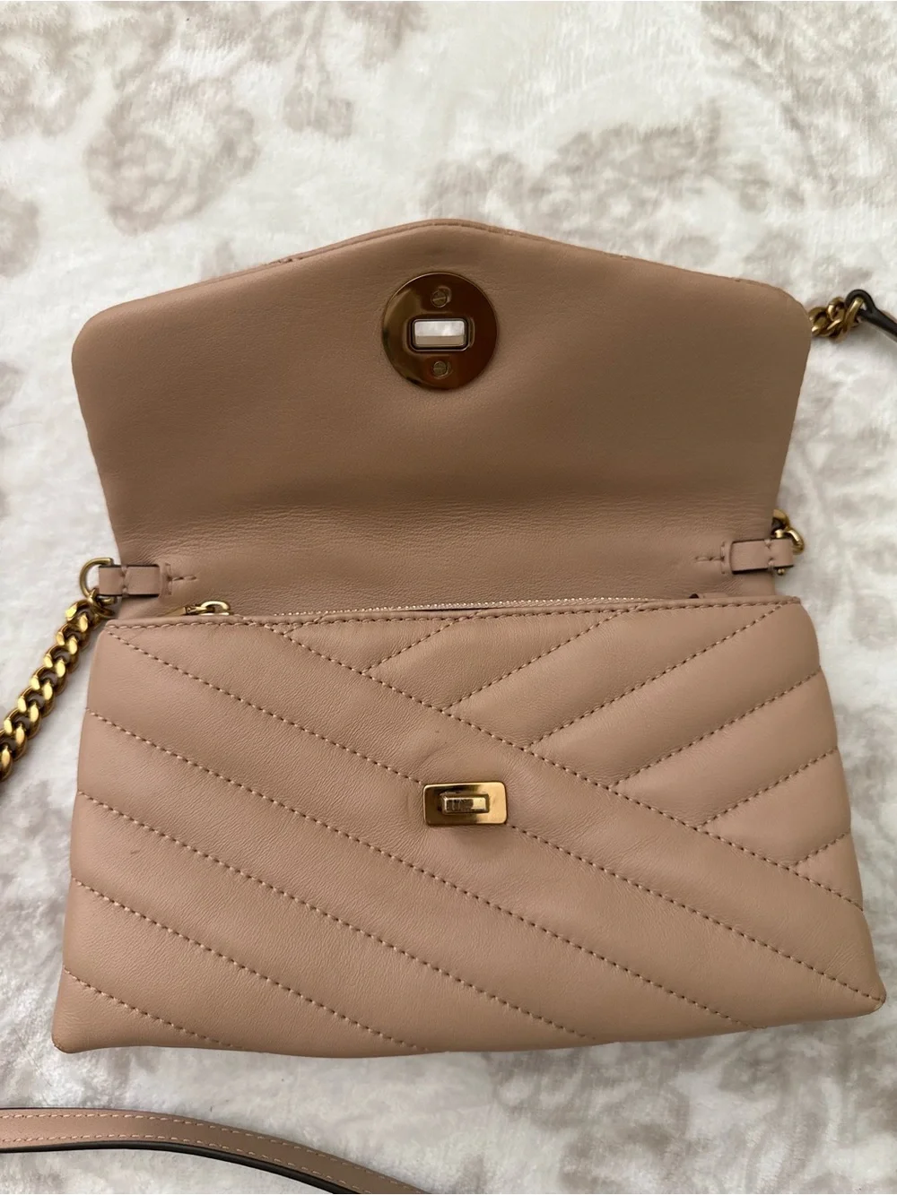 Tory Burch Kira Chevron Leather Small Crossbody Bag Nude with Gold Hardware Logo